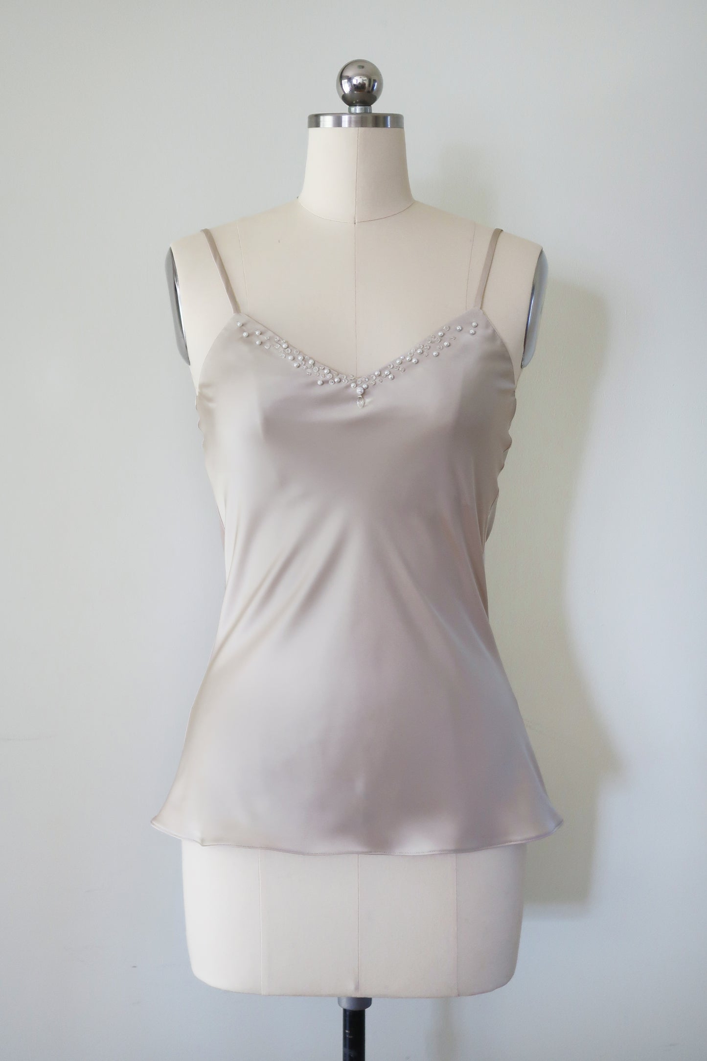 CRYSTAL EMBELLISHED SATIN TOP - BEIGE